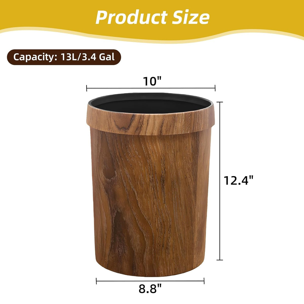 Wood Grain Plastic Trash Can Bedroom, Round 2-Pack, 3.4 Gal Farmhouse Wastebasket Bin Retro Style