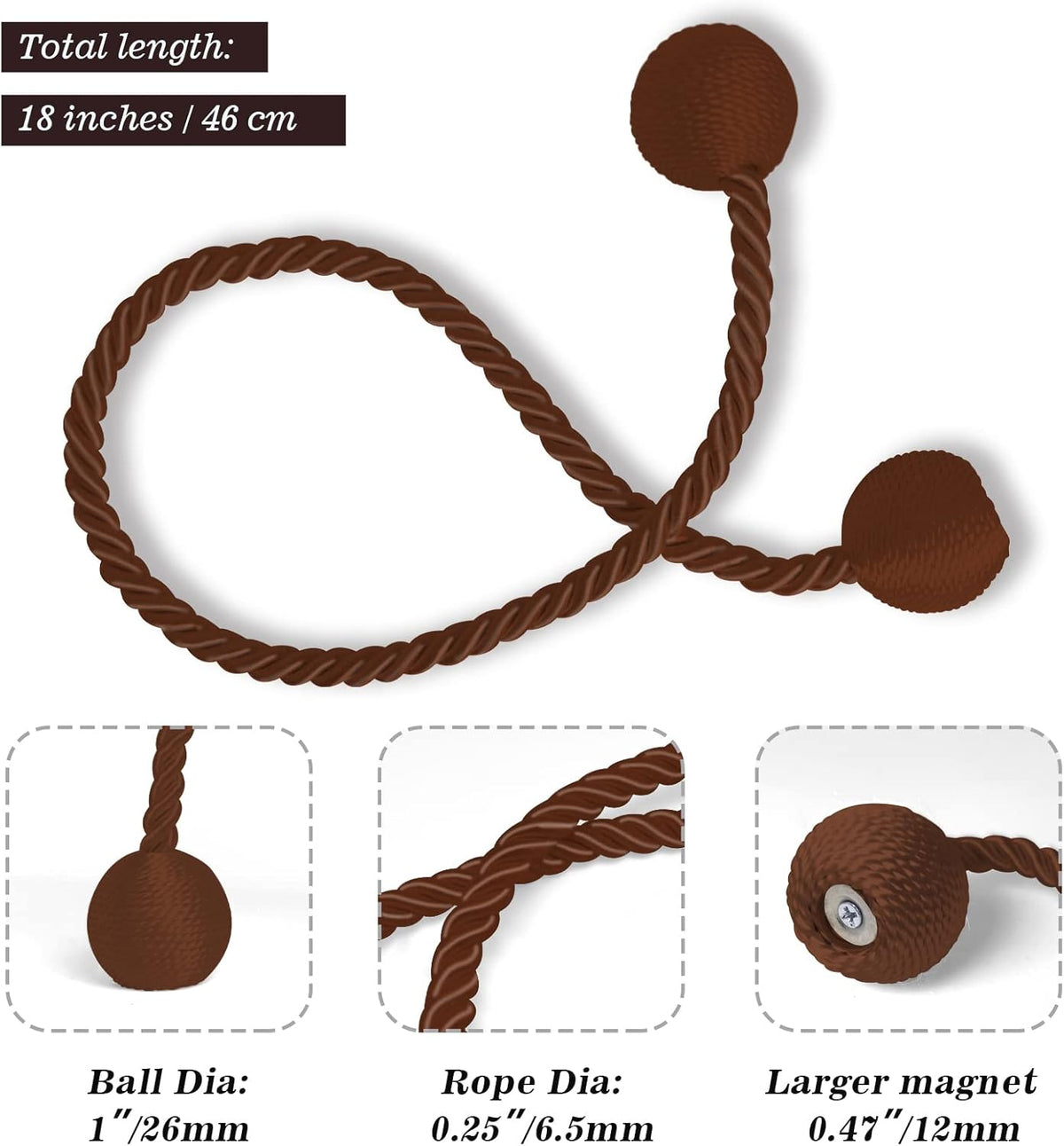 Hion Magnetic Curtain Tiebacks Dark Brown 2pcs, Curtain Tiebacks Buckles Holdbacks Holders Hooks