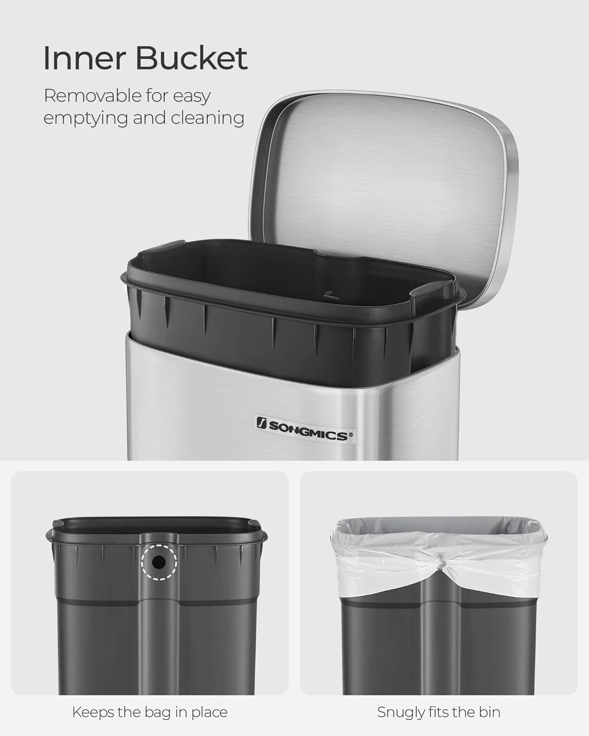 SONGMICS Trash Can with Lid, 8 Gallon Garbage Can, Stainless Steel Small Waste Bin with Step Pedal