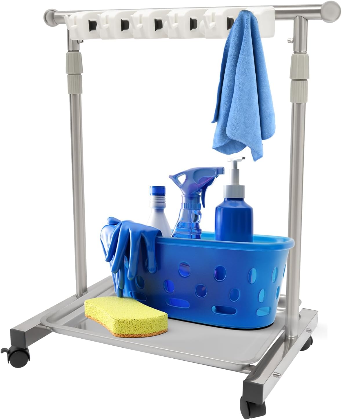 Broom Mop Holder, Movable Put Wet Mops Broom Floor Standing Cleaning Tool Rack 6 Hook and 5 Slots