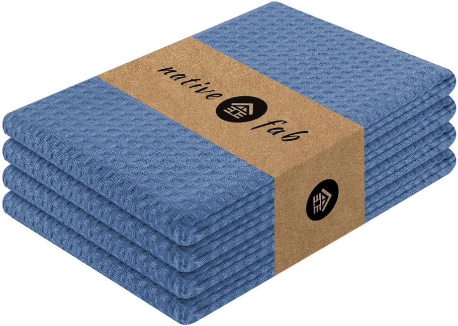 Native Fab Cotton Kitchen Towel with Hanging Loop 16x26 inches, 4-Pack, Waffle Weave Kitchen Towels