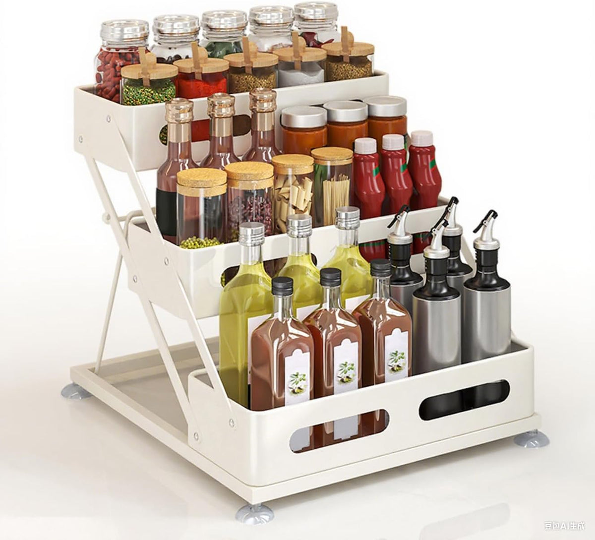Bokelai Spice Rack 3 Tier Foldable Seasoning Organizer Jars Storage Holder Step Shelf for Cabinet