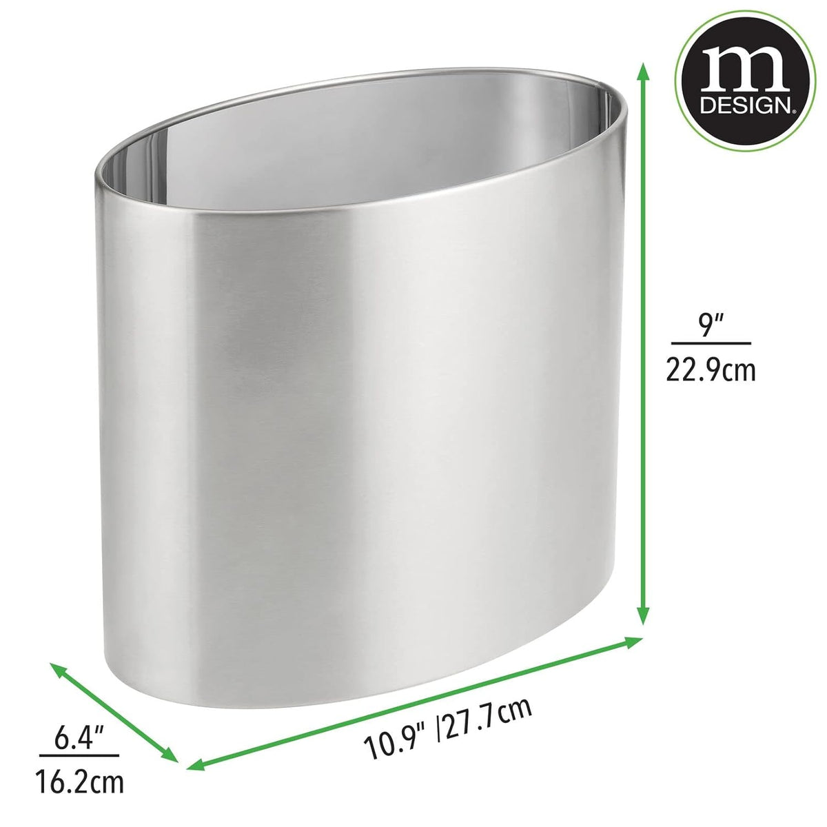 mDesign Stainless Steel Metal Oval Trash Can, 7.9 Liter/2.09 Gallon Wastebasket, Garbage Basket Bin