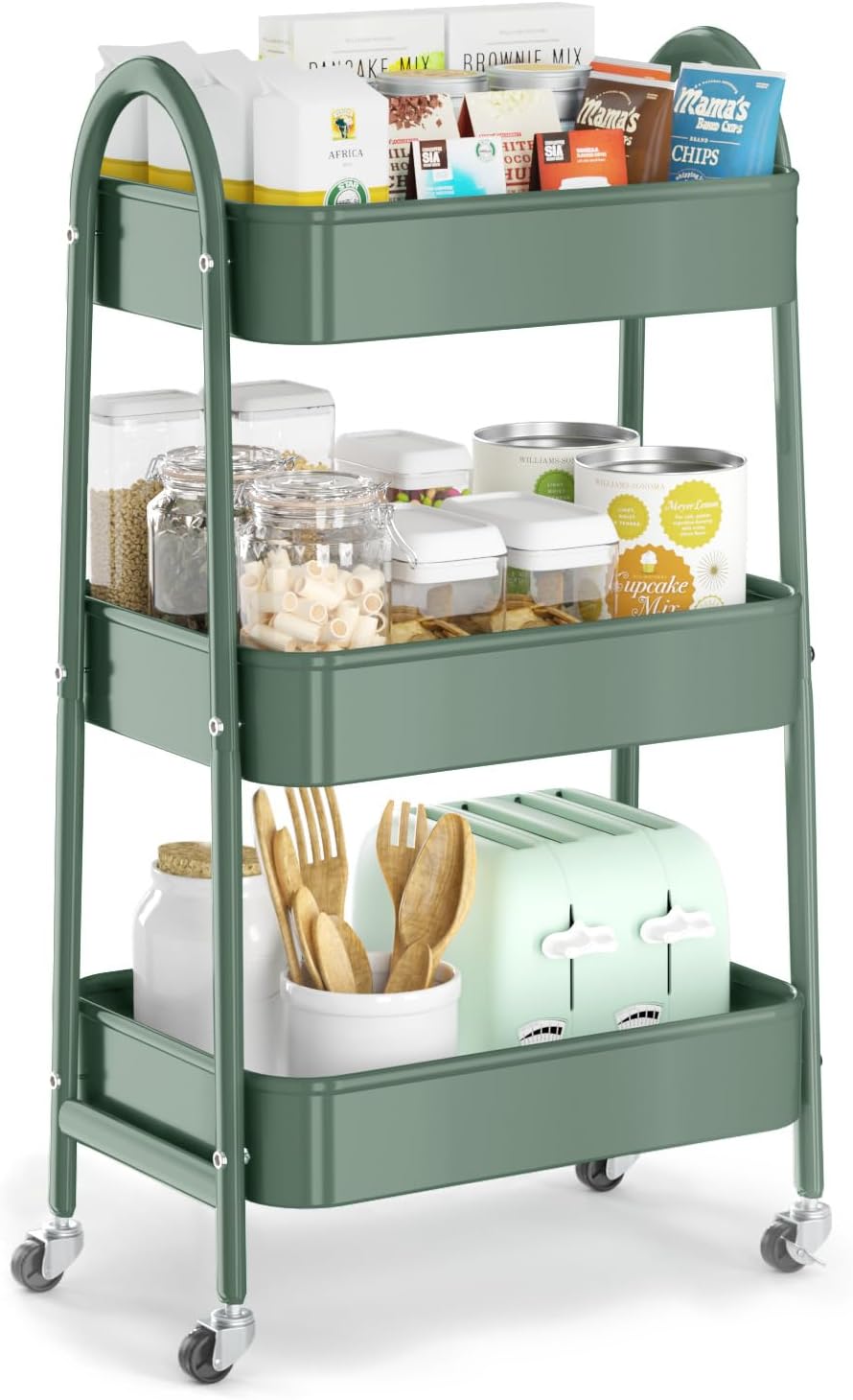 EAGMAK 3 Tier Utility Rolling Cart, Metal Storage Cart with Handle and Lockable Wheels