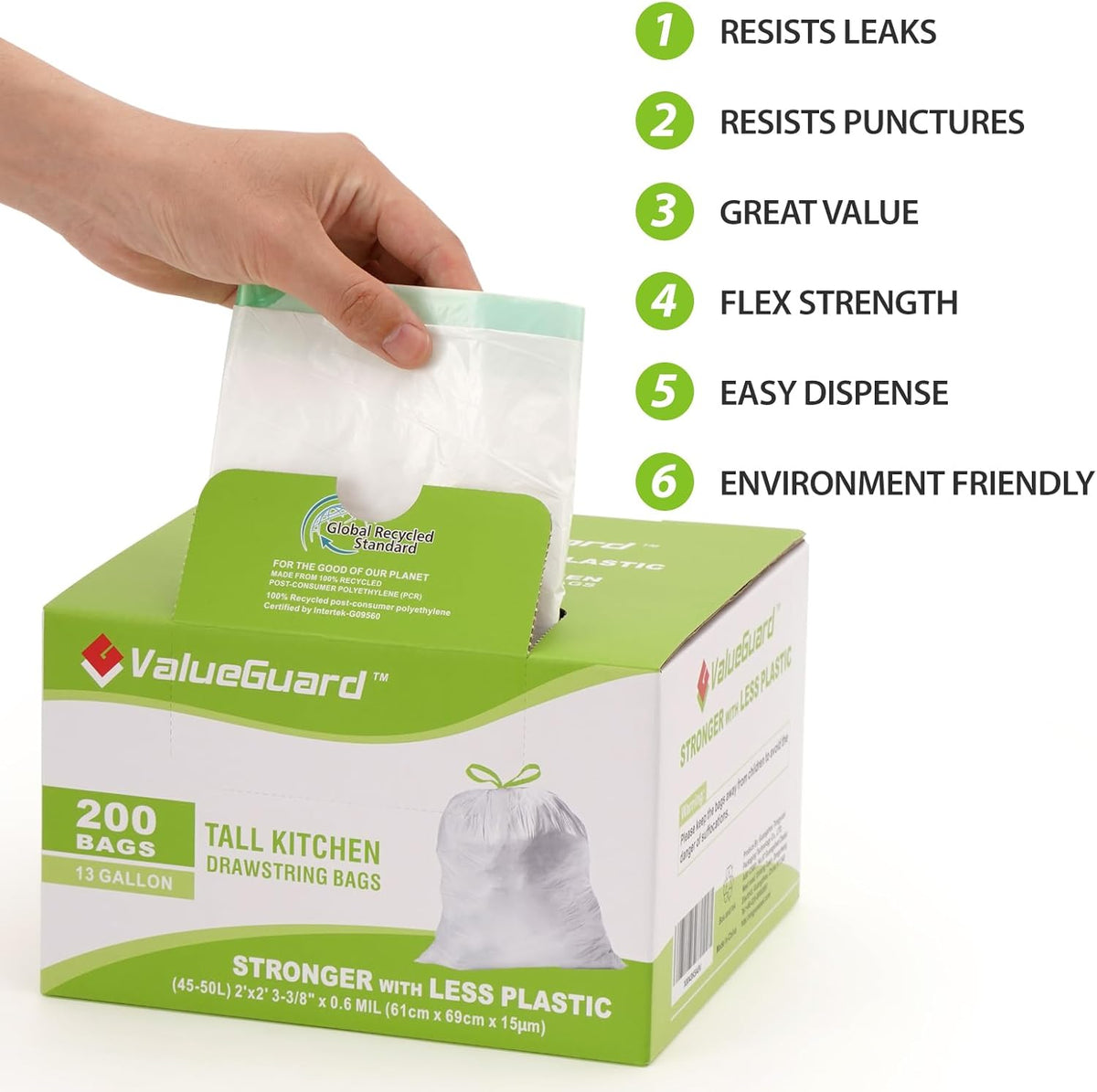 Large Trash Bag 13 Gallon Tall Drawstring 100% Post-Consumer Recycled Garbage Bag Waste Bag for