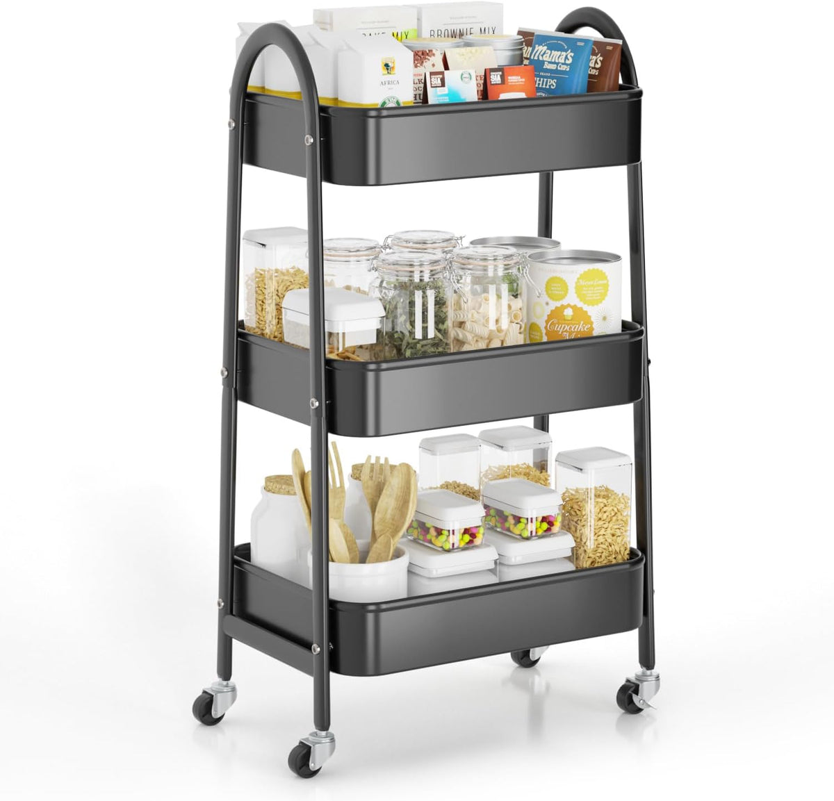 EAGMAK 3 Tier Rolling Cart, Large Metal Storage Cart with Handle and Lockable Wheels, Big