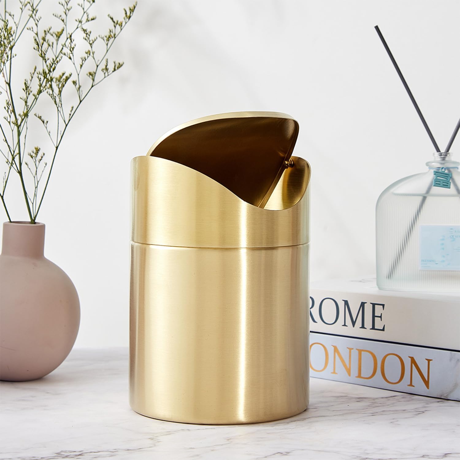 Stainless Steel Trash Can with Swing Lid, Mini Countertop Trash Bin Bathroom, Golden Desktop