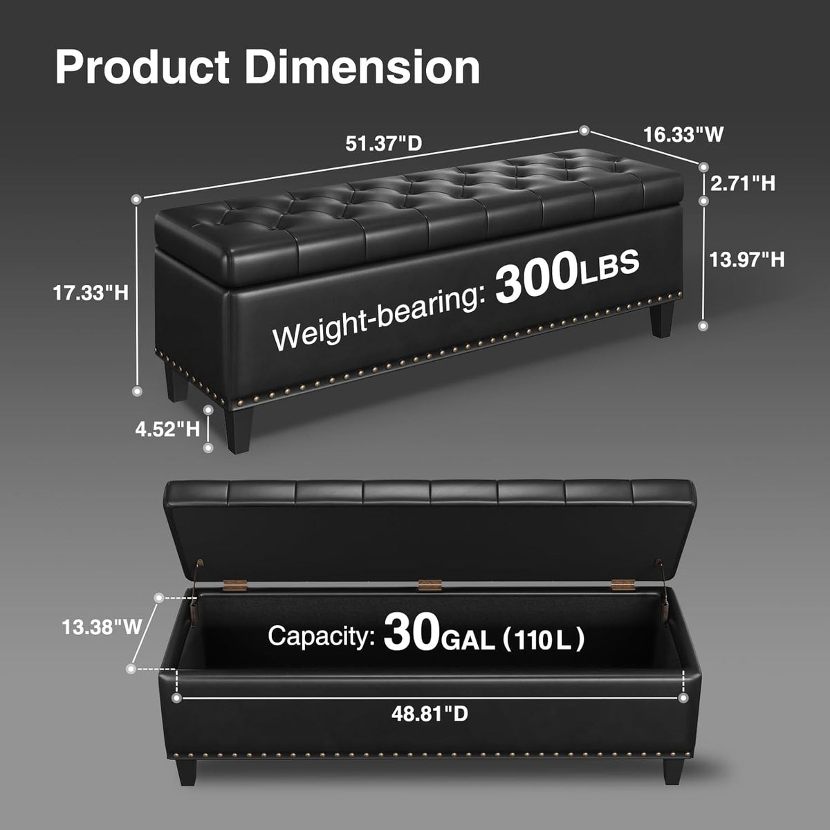 Storage Ottoman Bench, 51-Inch Large Storage Bench for Bedroom End of Bed, 30 Gallons Faux Leather