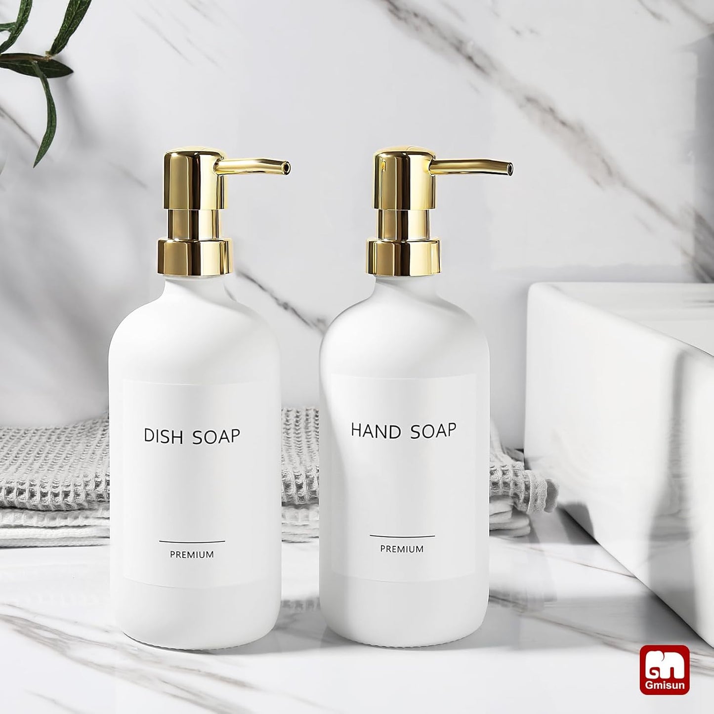 GMISUN White Soap Dispenser, 2 Pack Glass Hand Soap Dispensers Bathroom with Gold Pump, 17 Fl Oz