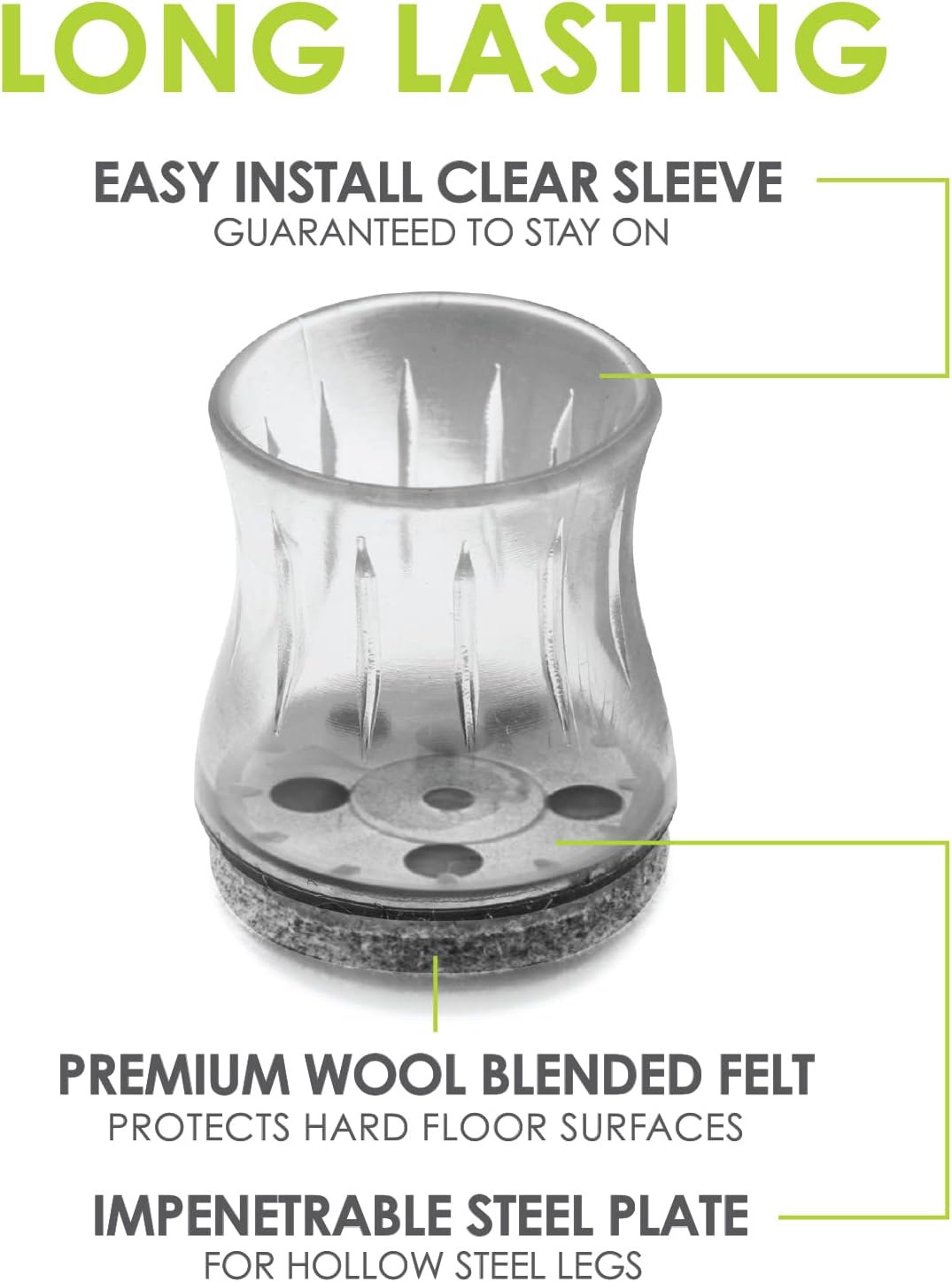 Slipstick GorillaFelt Chair Leg Floor Protectors for Hardwood Floors, Clear Sleeve Felt Pads for