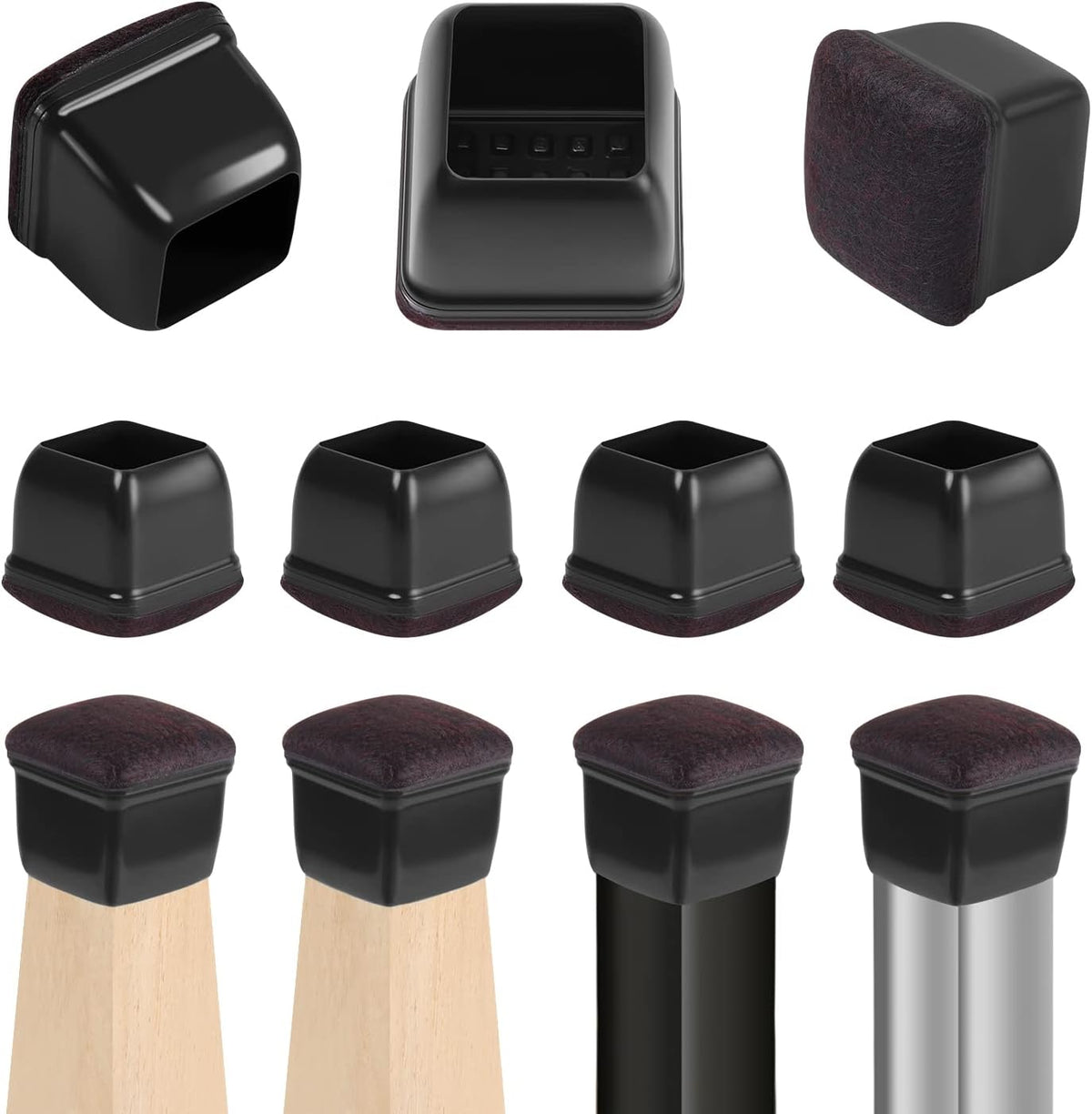 Ezprotekt 24 Pcs Black Square Chair Leg Floor Protectors with Felt, Silicone Felt Furniture Pads