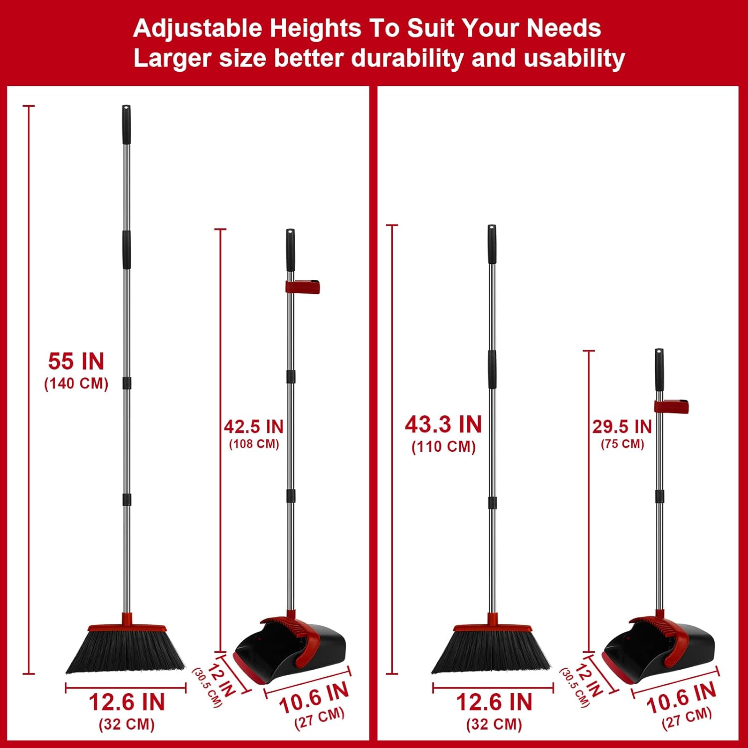 Broom and Dustpan Set, Large Household Broom with Dustpan Combo Set, 55 Inch Long Handle, Red Dust