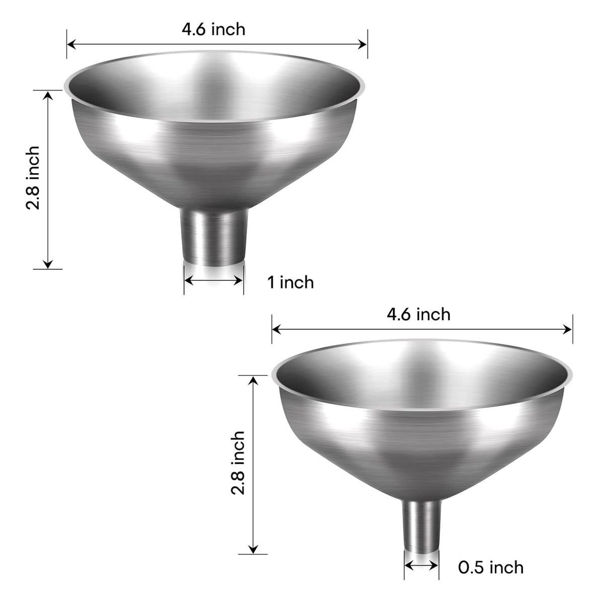 Stainless Steel Metal Funnel Set of 2, Kitchen Filling Funnel (0.5-inch Narrow Mouth) and (1-inch