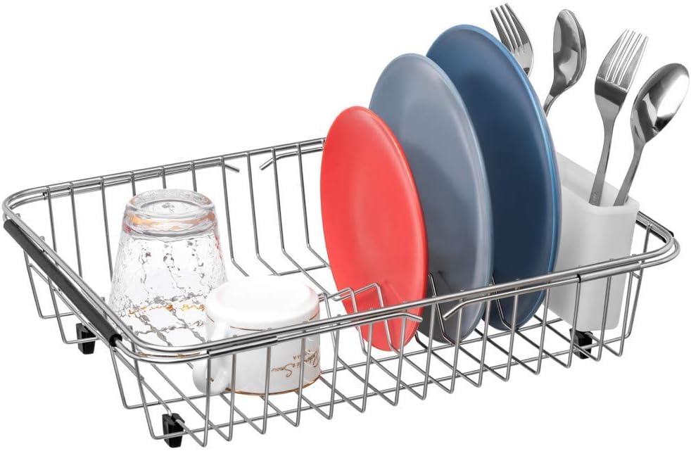 SANNO Dish Drying Rack, Expandable Dish Drainer Over Sink in Sink On Counter with Utensil