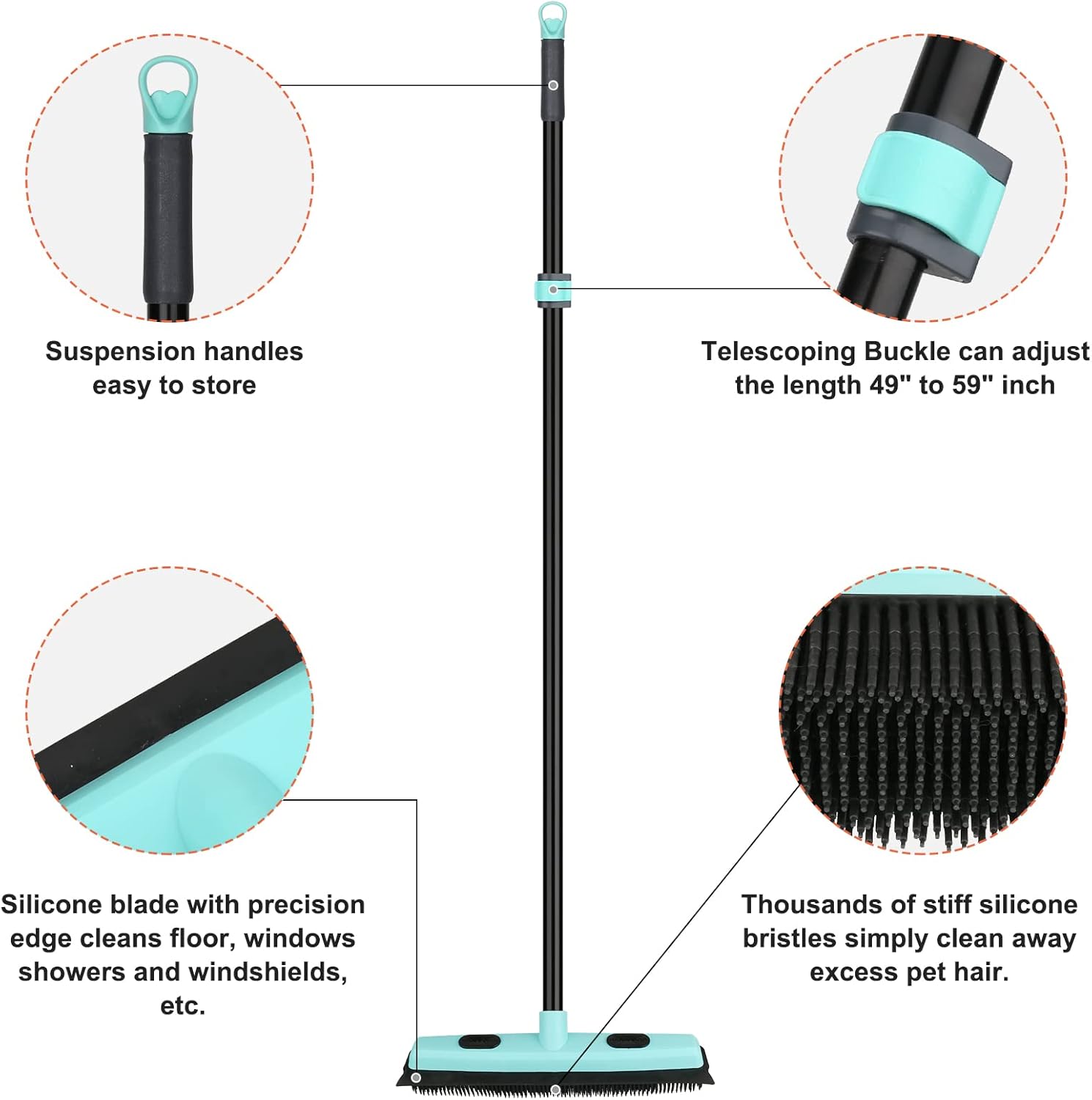Rubber Broom Carpet Rake for Pet Hair Removal, Fur Remover Broom with 59" Telescoping Long Handle