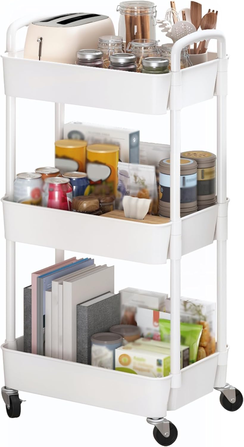 Sywhitta 3-Tier Plastic Rolling Utility Cart with Handle, Multi-Functional Storage Trolley for