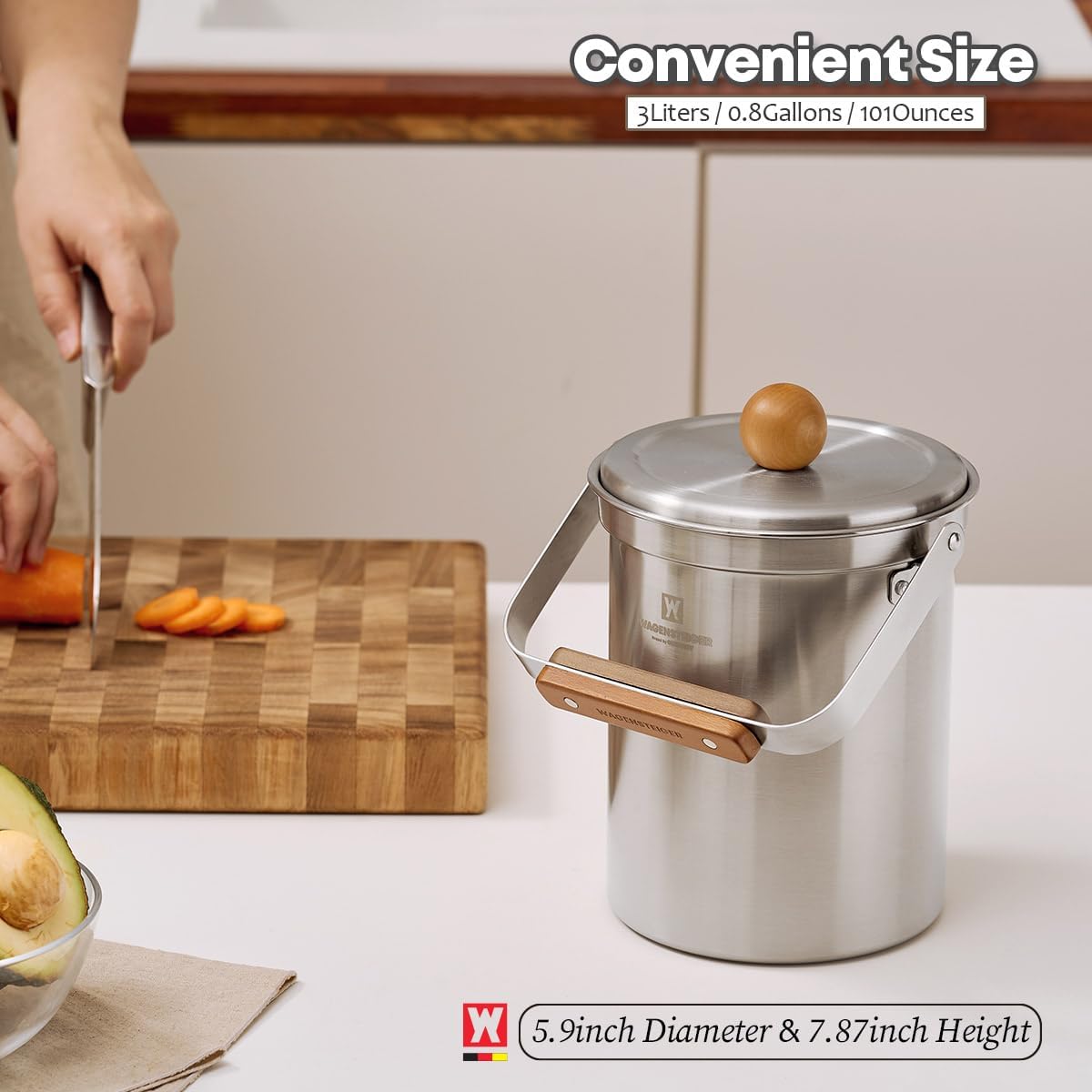 Kitchen Countertop Compost Bin 101ounces / 3Liters with Airtight Lid, SUS304 Stainless Steel