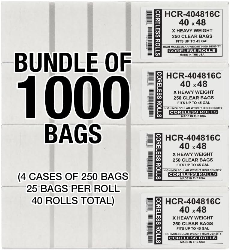 Aluf Plastics High Density Trash Bags, 45 Gallon, 1000 Count, 16 Micron (eq), 40" x 48", Clear, for