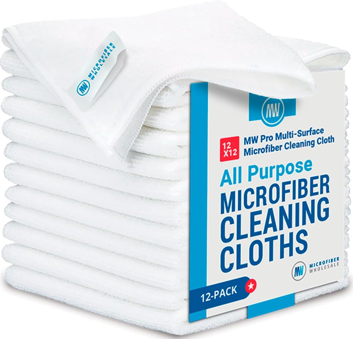 12" x 12" MW Pro Multi-Surface Microfiber Cleaning Cloths | White - 12 Pack | Premium Microfiber