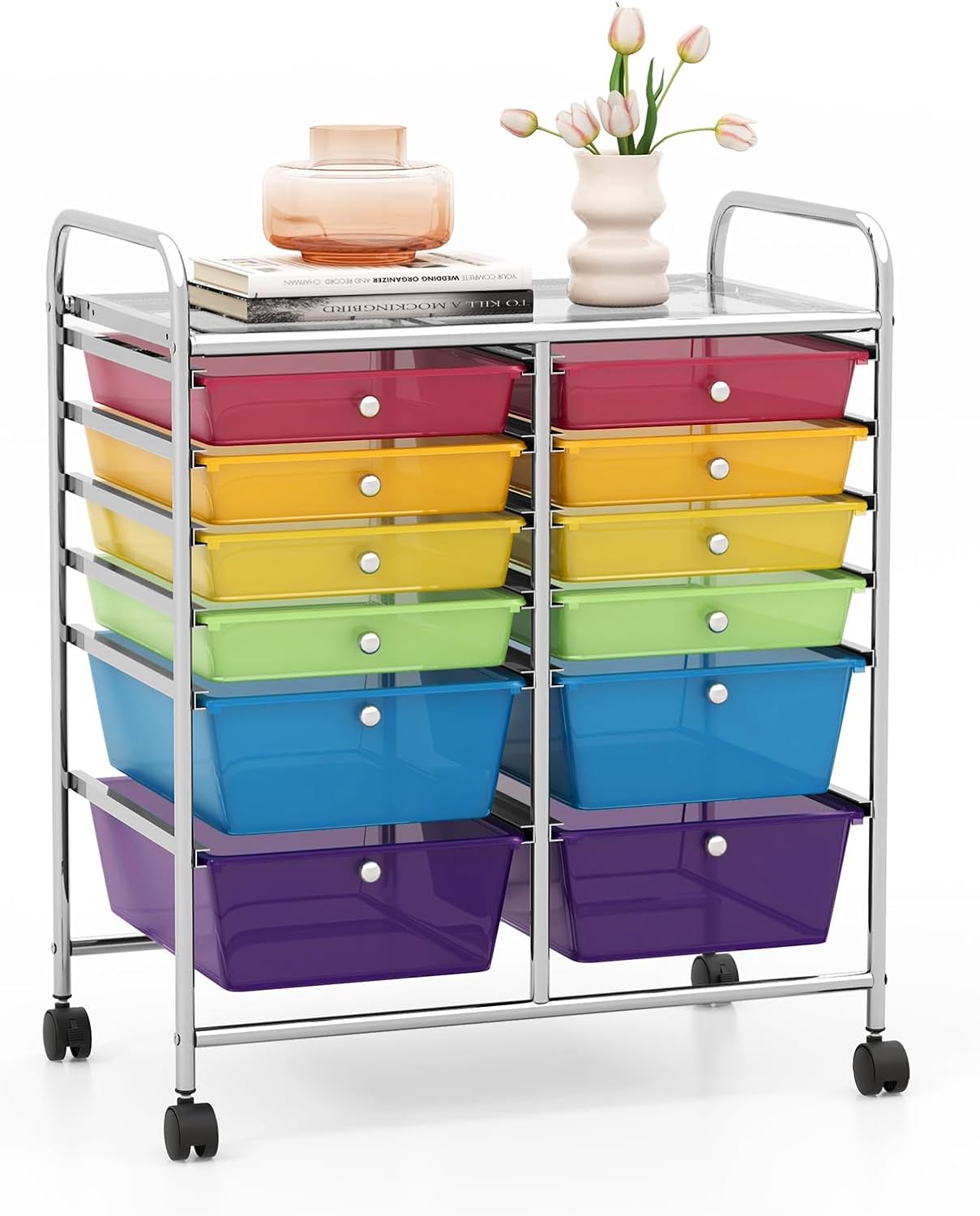 GOFLAME 12-Drawer Rolling Storage Cart, Multipurpose Organizer Cart with 2 Sizes Plastic Drawers