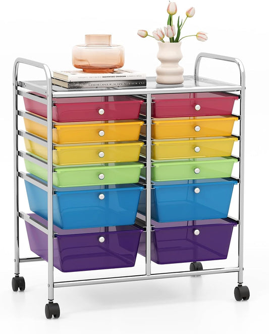 GOFLAME 12-Drawer Rolling Storage Cart, Multipurpose Organizer Cart with 2 Sizes Plastic Drawers