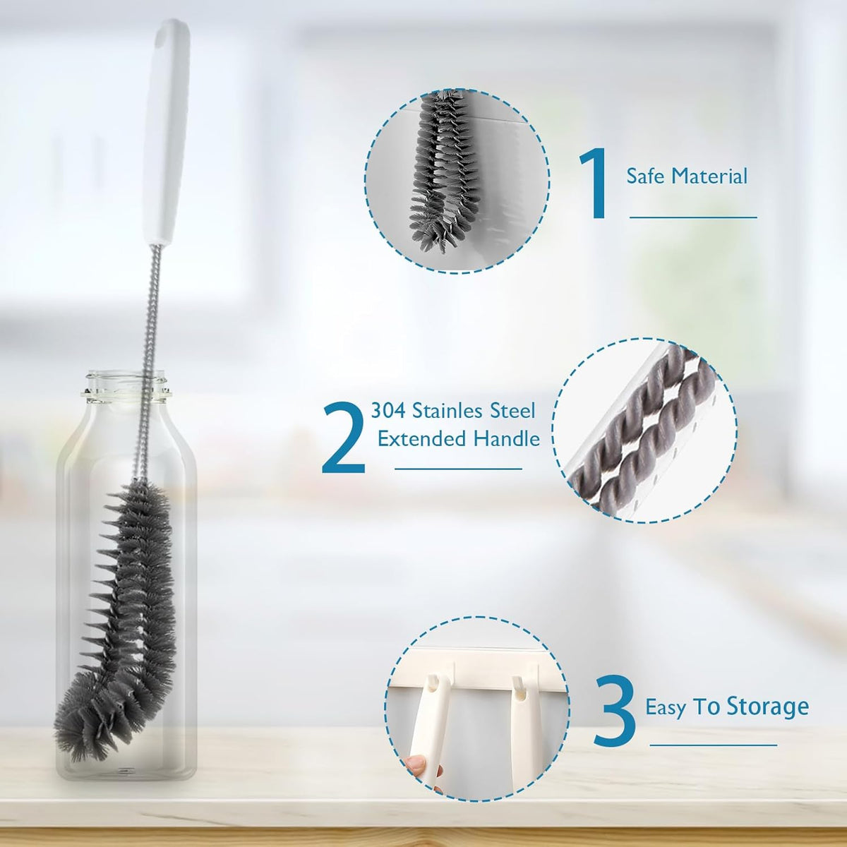 16 inches Long Handle Black Bottle Cleaning Brushes - Perfect for Baby Bottles, Sports Bottles