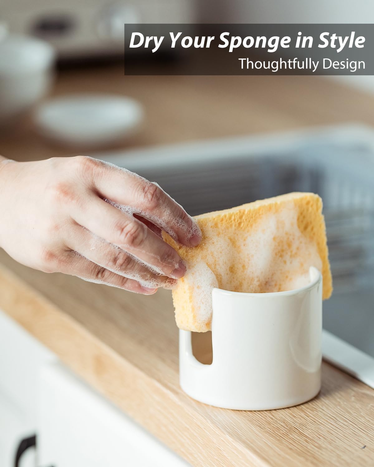 Sponge Holder for Kitchen Sink, Ceramic Dish Sponge Drying Caddy Scrubby Daddy Kitchen Organizer