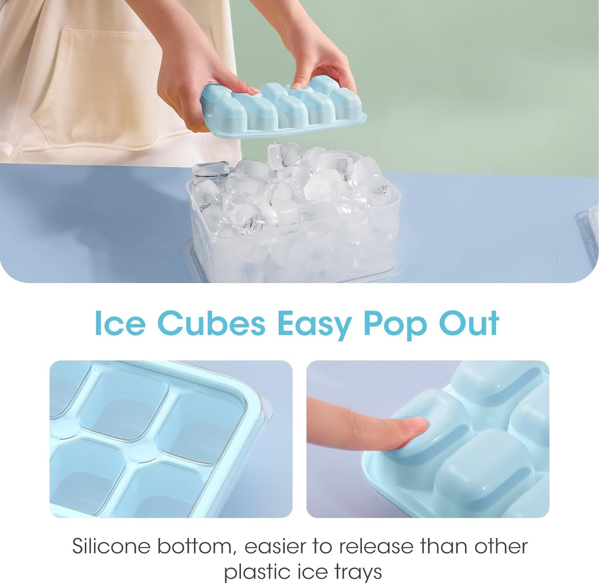 DOQAUS Ice Cube Tray with Lid and Bin, 4 Pack Silicone Plastic Ice Cubes Trays for Freezer with