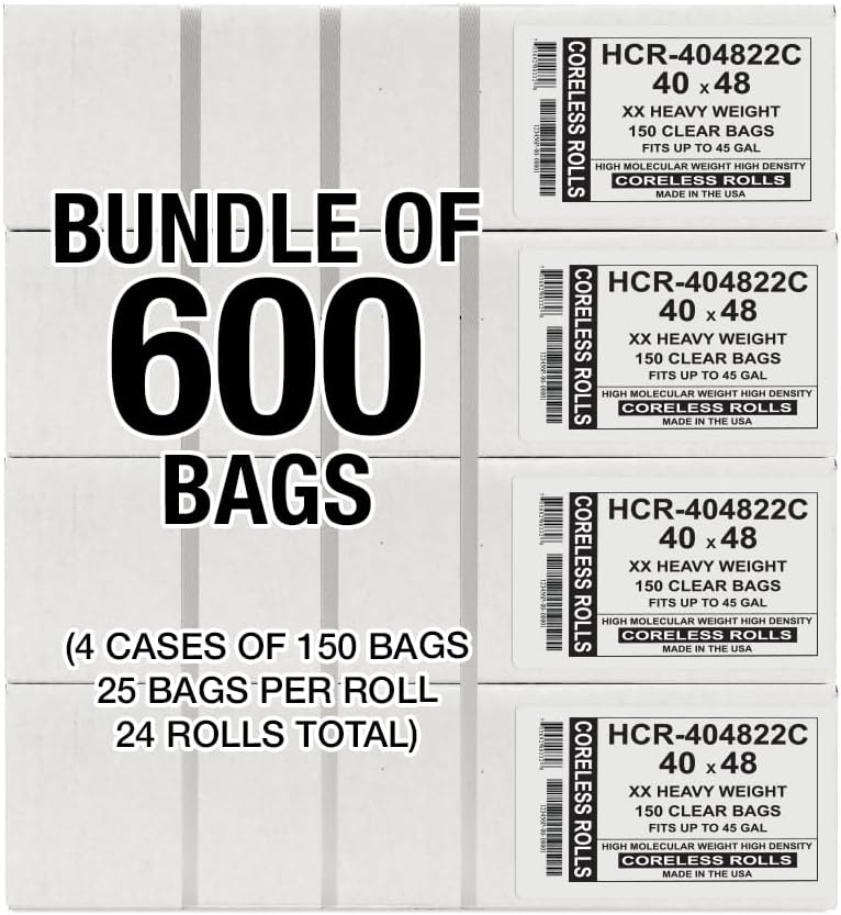 Aluf Plastics High Density Trash Bags, 45 Gallon, 600 Count, 22 Micron (eq), 40" x 48", Clear, for