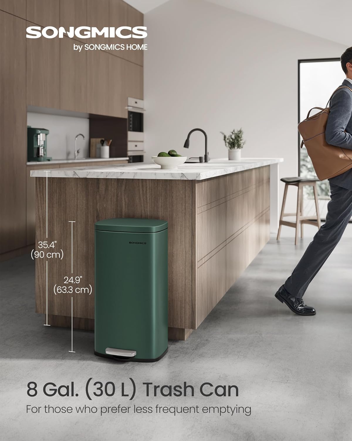 SONGMICS Trash Can with Lid, 8 Gallon Garbage Can, Stainless Steel Small Waste Bin with Step Pedal