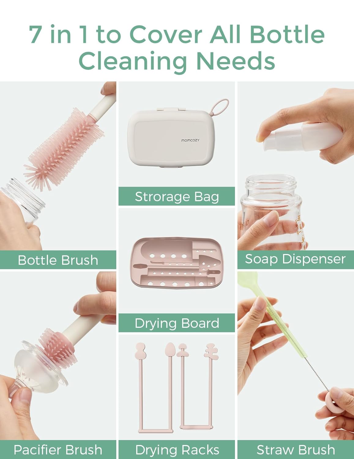 Momcozy Baby Bottle Brush Set, Cleaner Kit with Silicone Nipple Straw Brush, Soap Dispenser, Drying