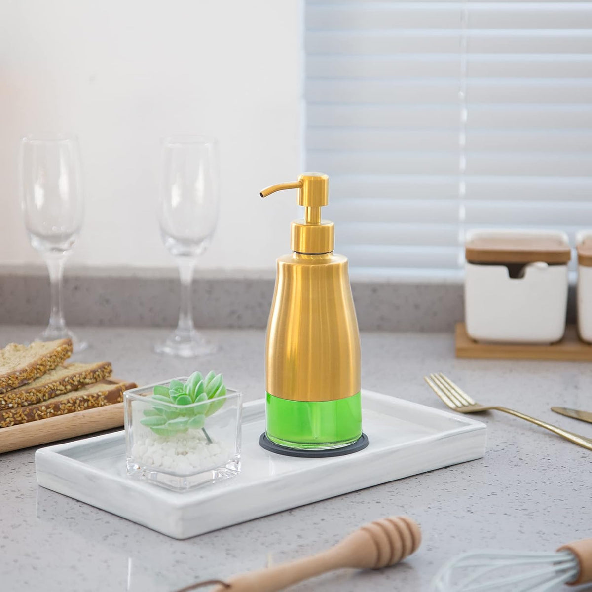 Gaussra Soap Dispenser with Coaster and Stickers, Brushed Gold Stainless Steel Glass Hand Pump