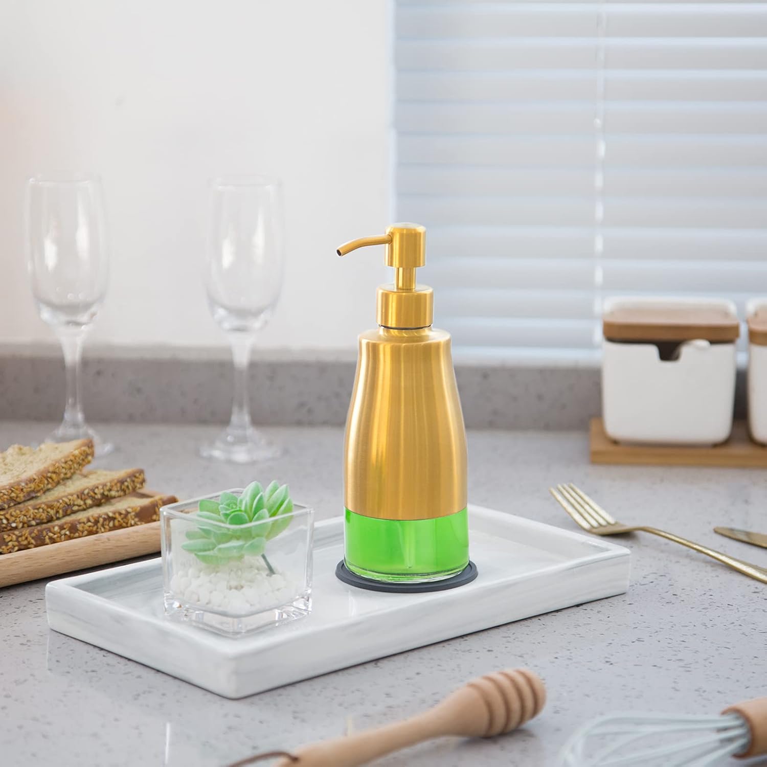 Gaussra Soap Dispenser with Coaster and Stickers, Brushed Gold Stainless Steel Glass Hand Pump