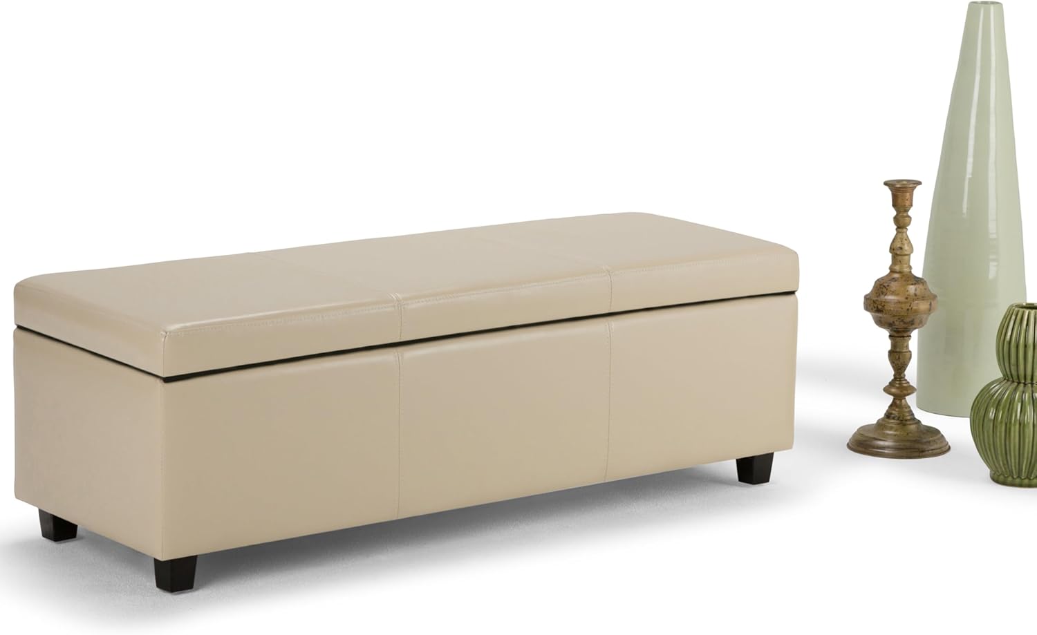 SIMPLIHOME Avalon 48 inch Wide Contemporary Rectangle Storage Ottoman Bench in Satin Cream Vegan