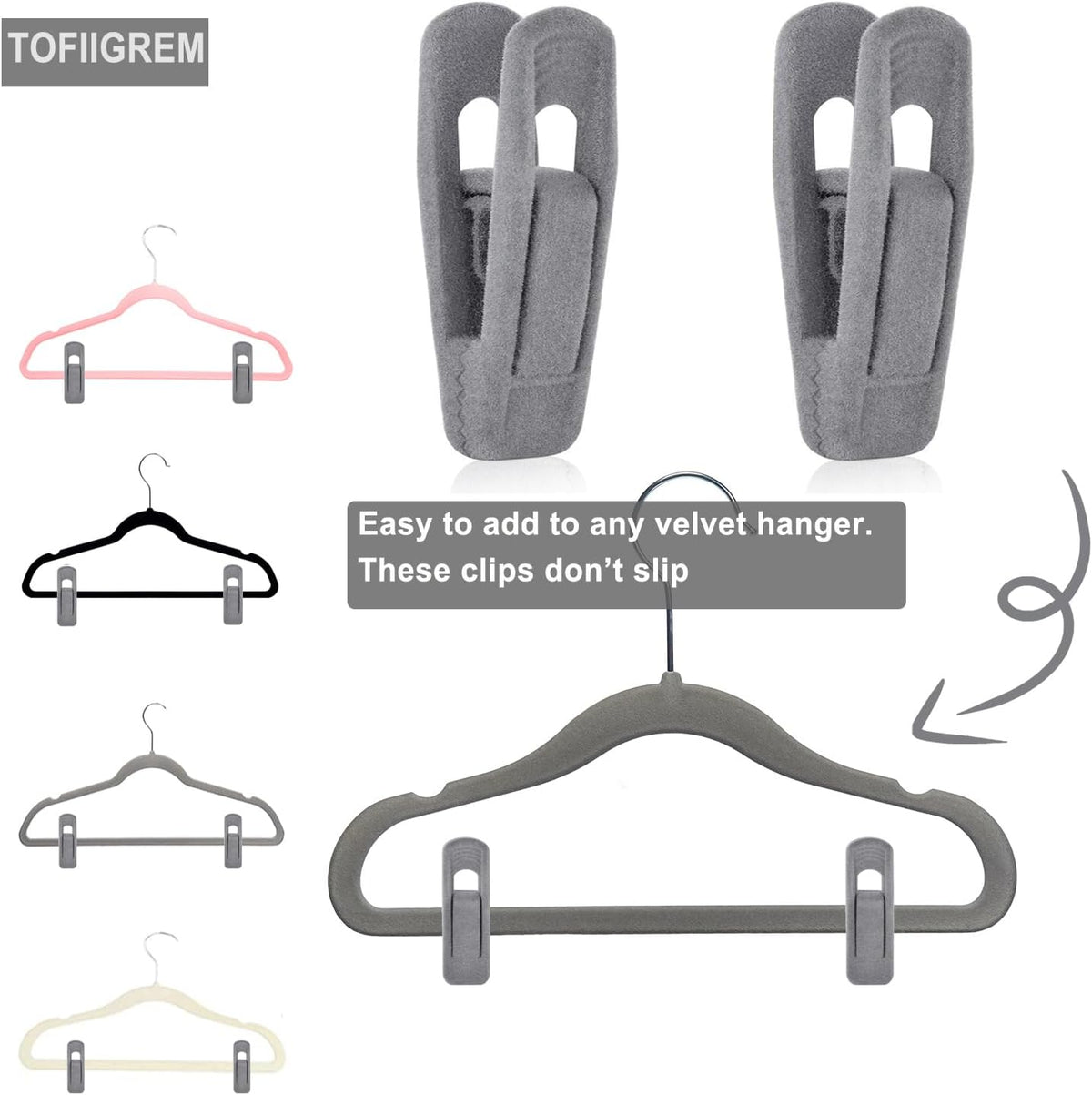 Grey Velvet Clips for Velvet Hangers - 20 PCS Gray Non Slip Velvet Hanger Clip, Pants Hanger Velvet