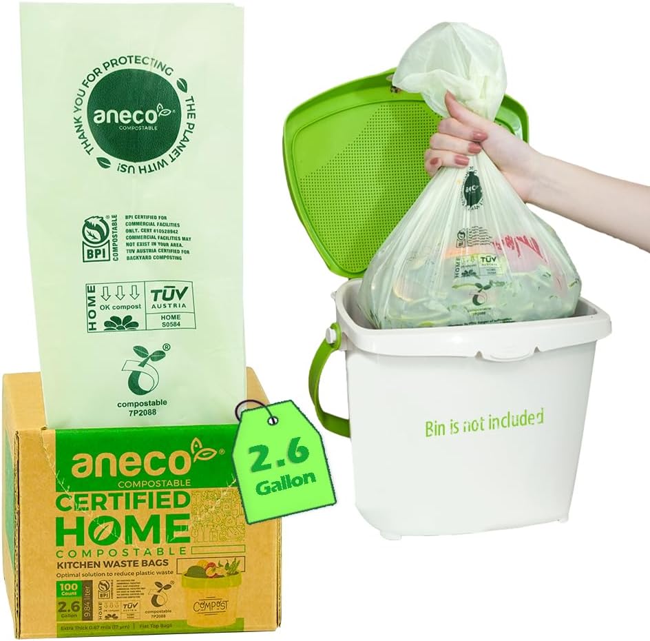 (Include 10 Bonus Bags) ANECO 100% Compostable Waste Bags 2.6 Gallon, Extra Thick Kitchen Small