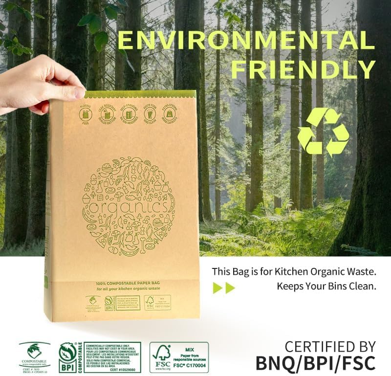 HYTREND-Kitchen Food Waste Bag-120 Bags-%100 Compostable paper Bag - Leak Resistant- Plastic Free