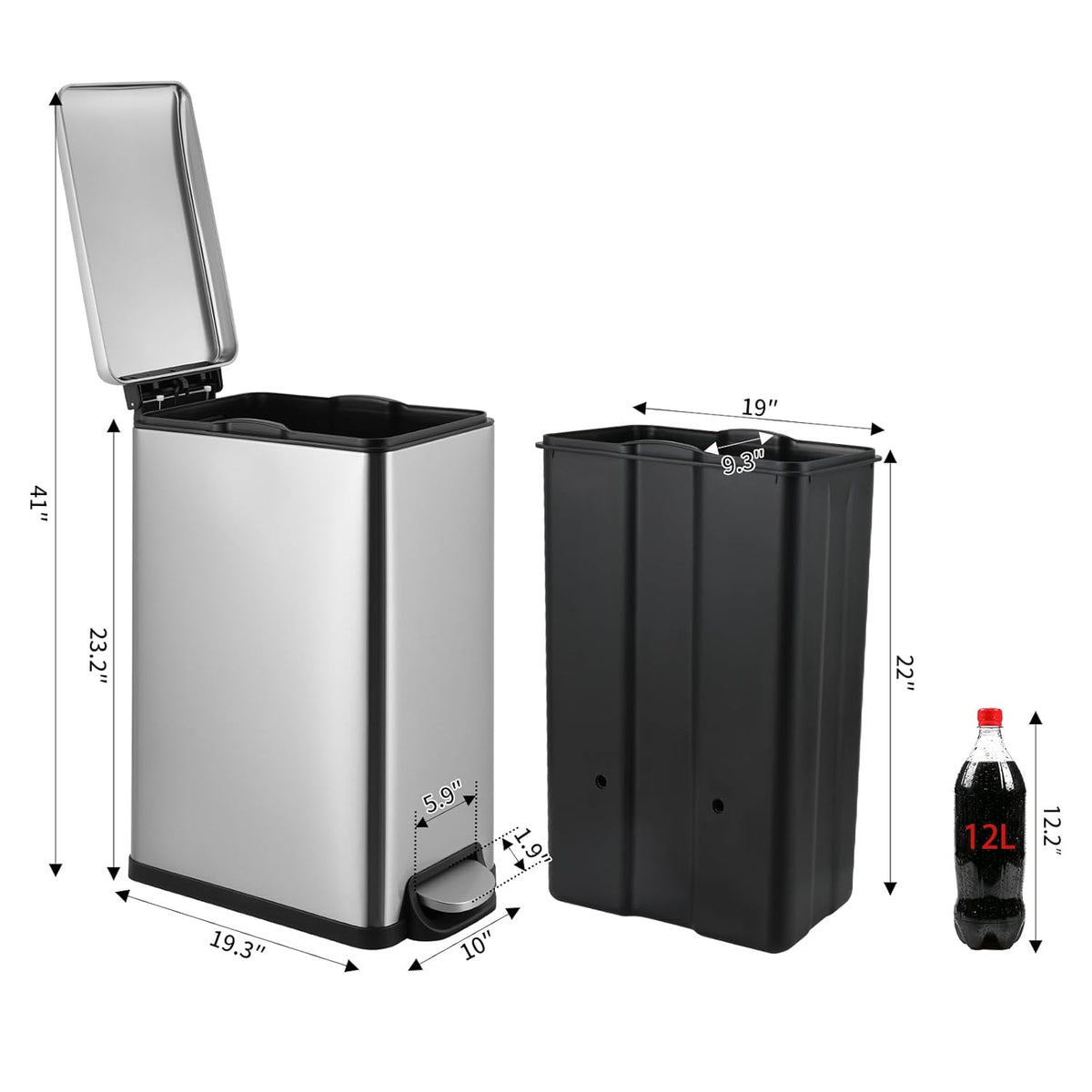 Arlopu 13.2 Gal Slim Kitchen Trash Can with Lid, 50L Stainless Steel Garbage Can, Large Kitchen