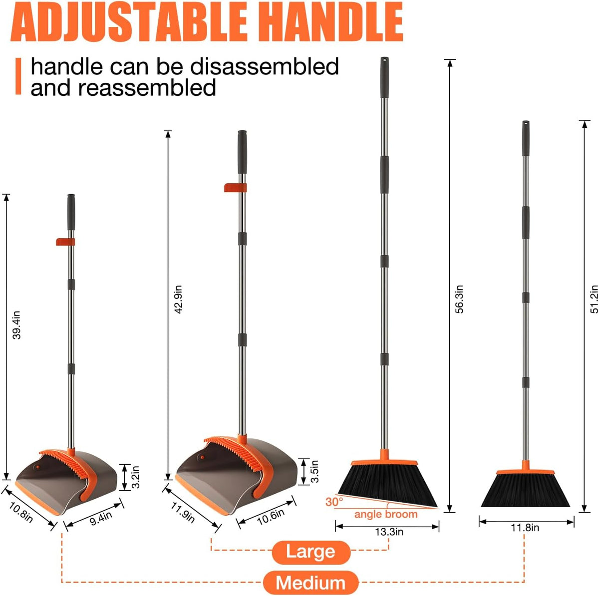 Broom and Dustpan Set, Upgraded Broom with Dustpan Combo Set with 56" Tall Adjustable Handle
