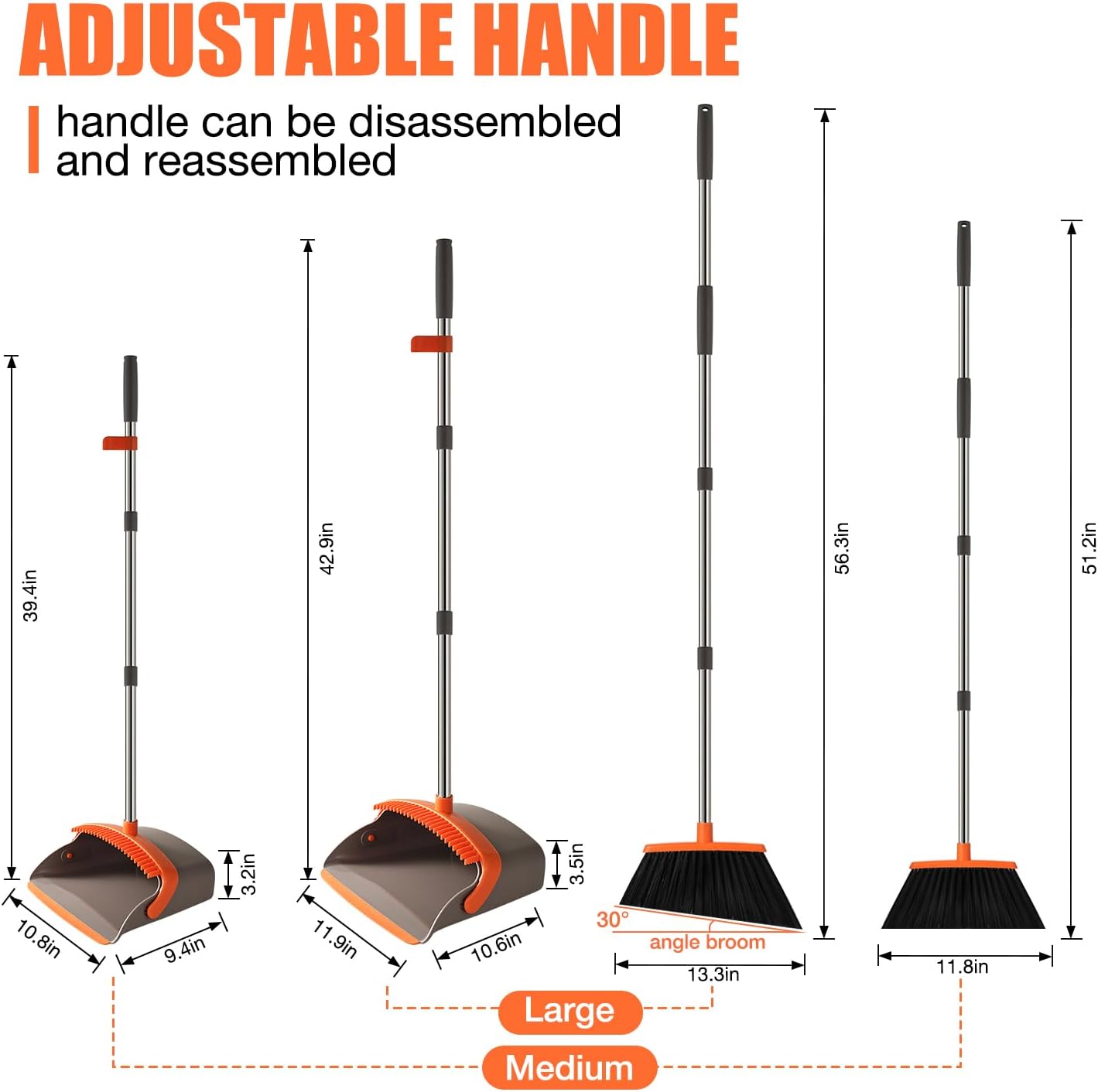 Broom and Dustpan Set, Upgraded Broom with Dustpan Combo Set with 56" Tall Adjustable Handle