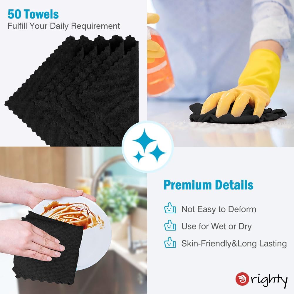Orighty Black Microfiber Cleaning Cloth, 50 Pack Highly Absorbent Cleaning Supplies, Lint Free