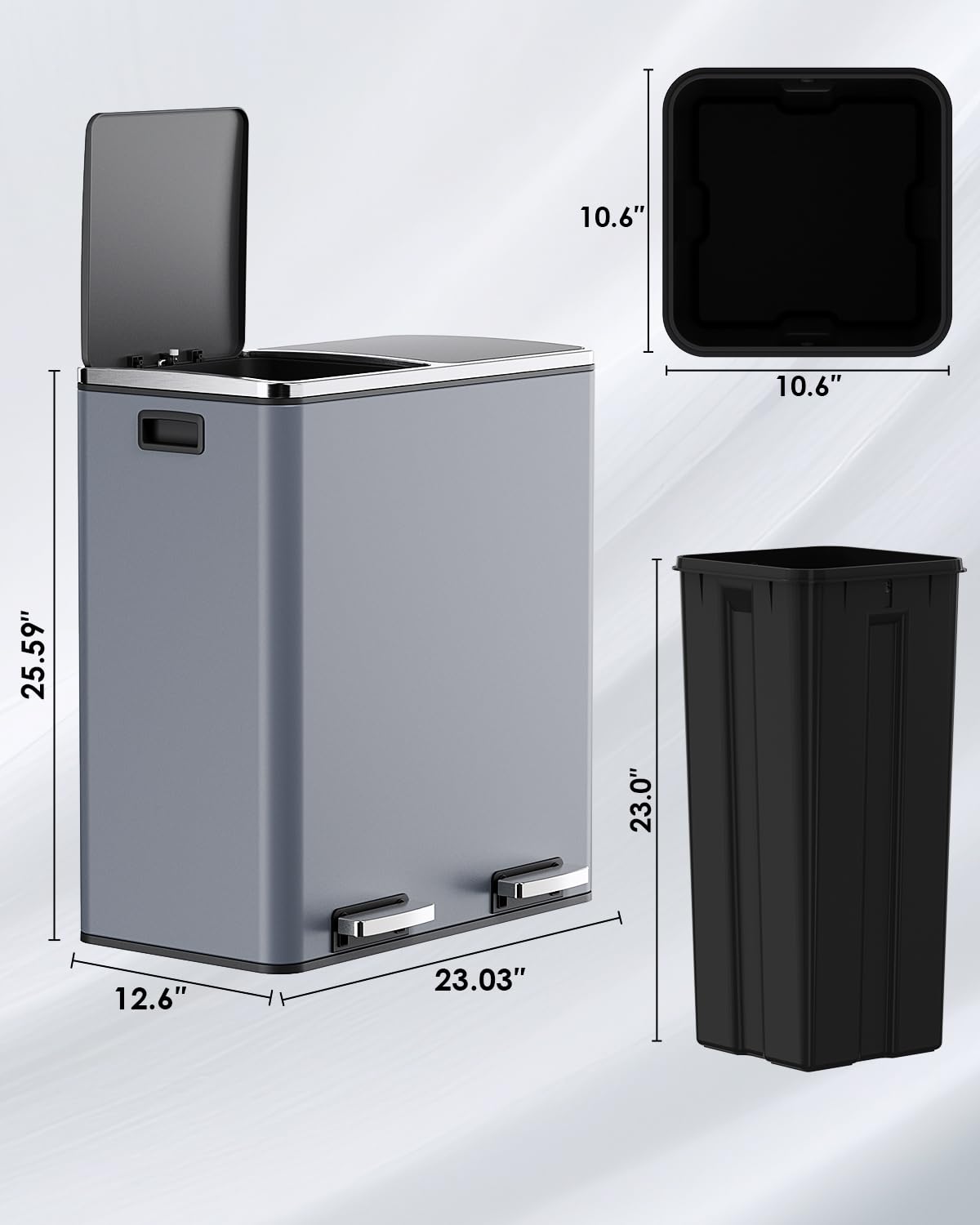 Arlopu 16 GallonStainless Steel Trash Can, 60L Dual Compartment, Metal Kitchen Step Recycle Bin