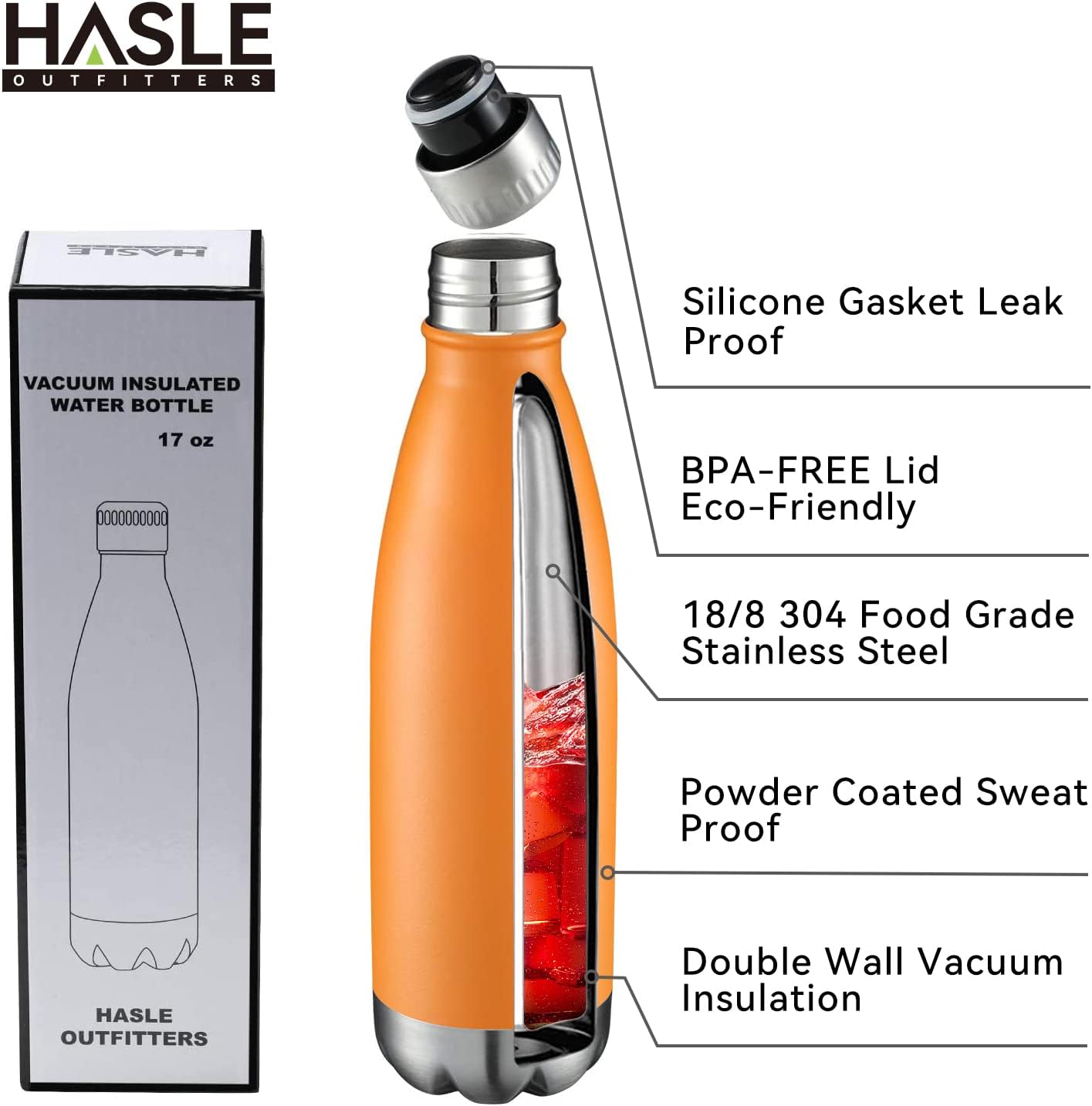 HASLE OUTFITTERS 17oz Stainless Steel Water Bottles, Vacuum Insulated Water Bottles Double Walled