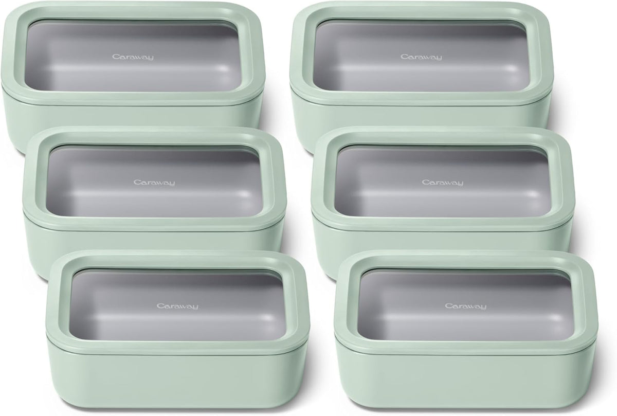 Caraway 6pc Glass Food Storage Set – 6.6 Cup Food Containers (6) - Ceramic Coated - Non Toxic, Non