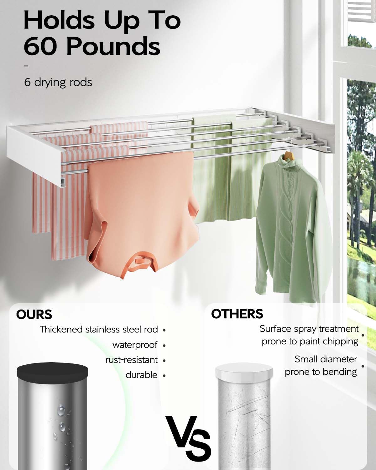 Wall Mounted Clothes Drying Rack 40 inches, Foldable Wall Mount Laundry Rack Folding Indoor, Drying