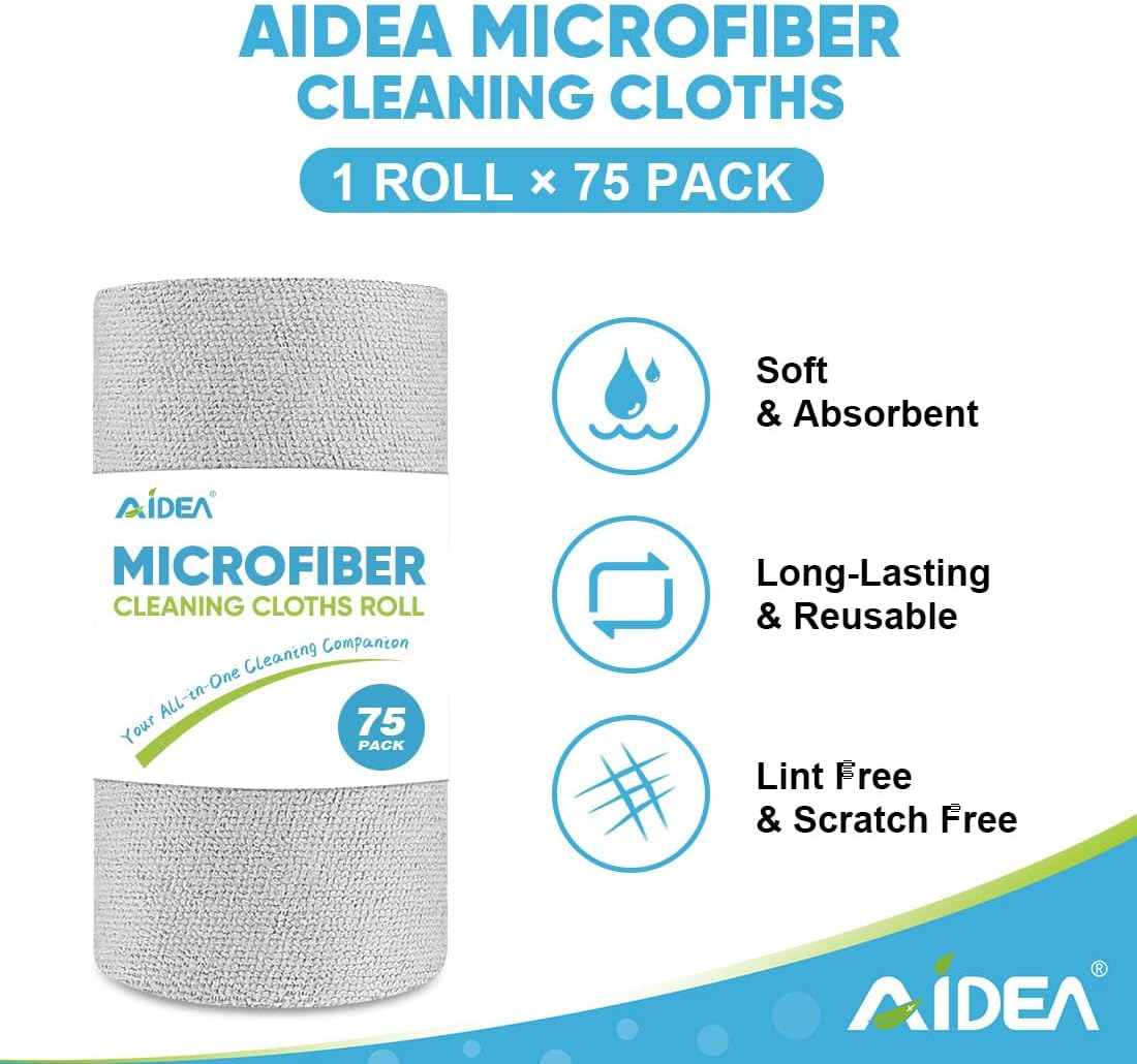 AIDEA Microfiber Cleaning Cloth Roll, Grey 75PK, Reusable Paper Towels Tear Away Cloth, Microfiber