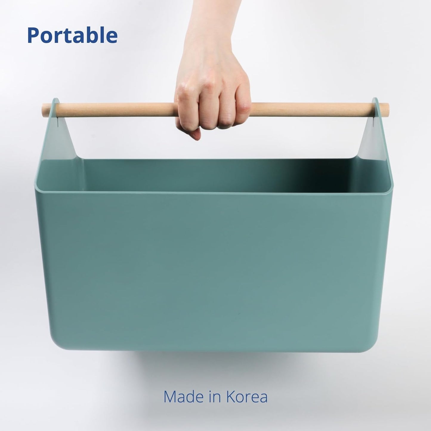 BLUE GINKGO Large Storage Basket – Plastic Caddy with Wooden Handle for Bathroom, Pantry, or
