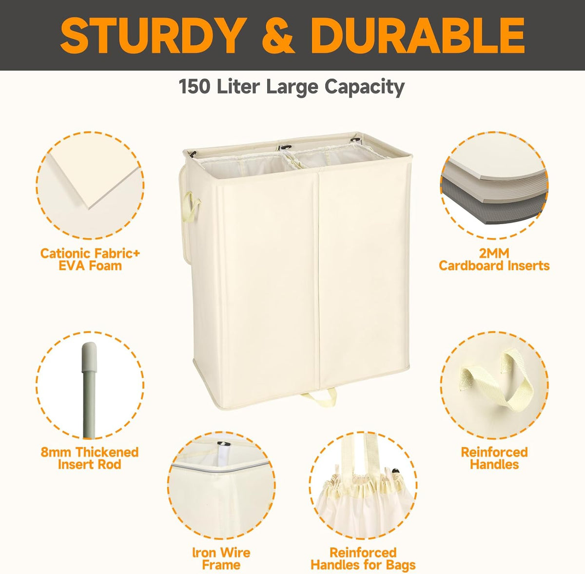 150L Double Laundry Hamper with Lid and Removable Bags,28in Tall Laundry Basket 2 Section,Large