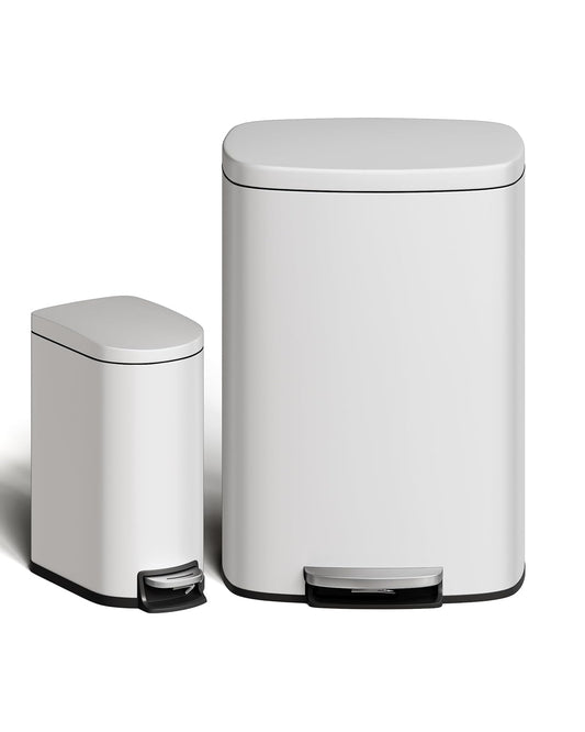 Garvee 13 Gal (50L) and 2.6 Gal (10L) Metal Trash Can Combo Set, Rustproof Garbage Can with Lid