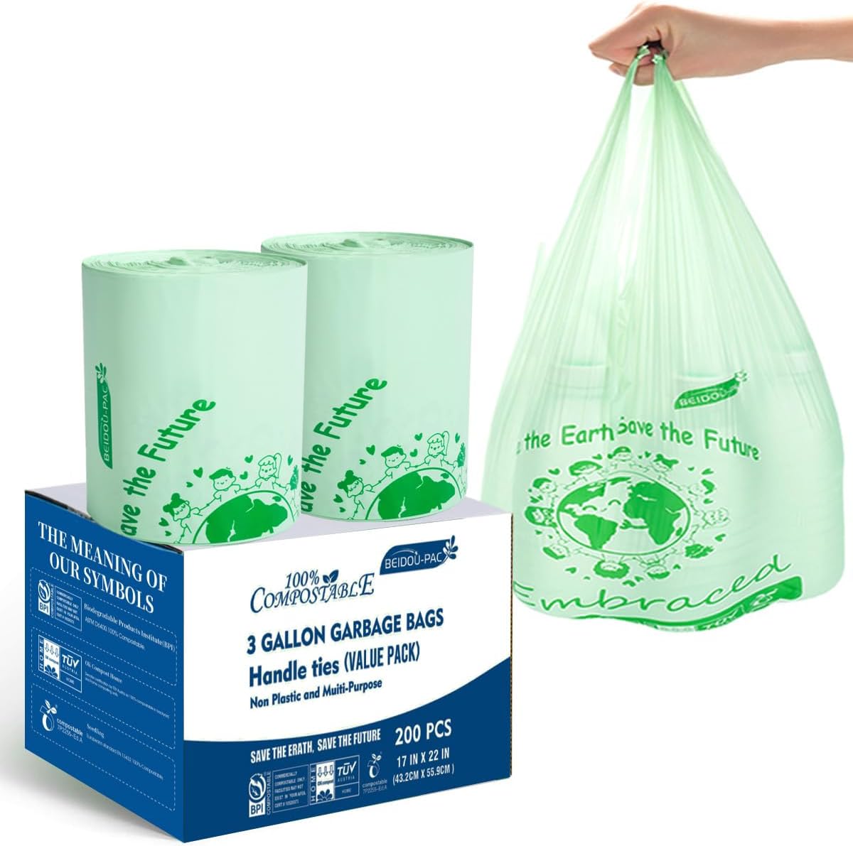 100% Compostable Trash Bags, 3 Gallon Compost Bags Small Kitchen Trash Bags with Handle, 200 Count